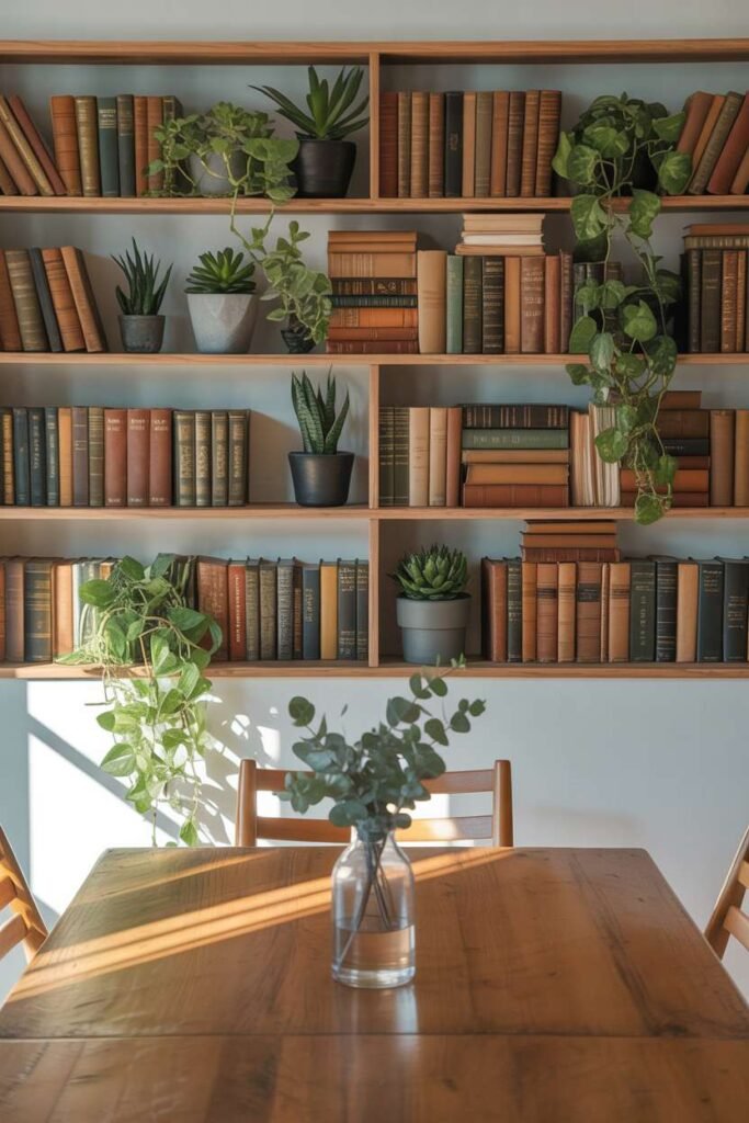 Dining Shelves with Books and Greenery