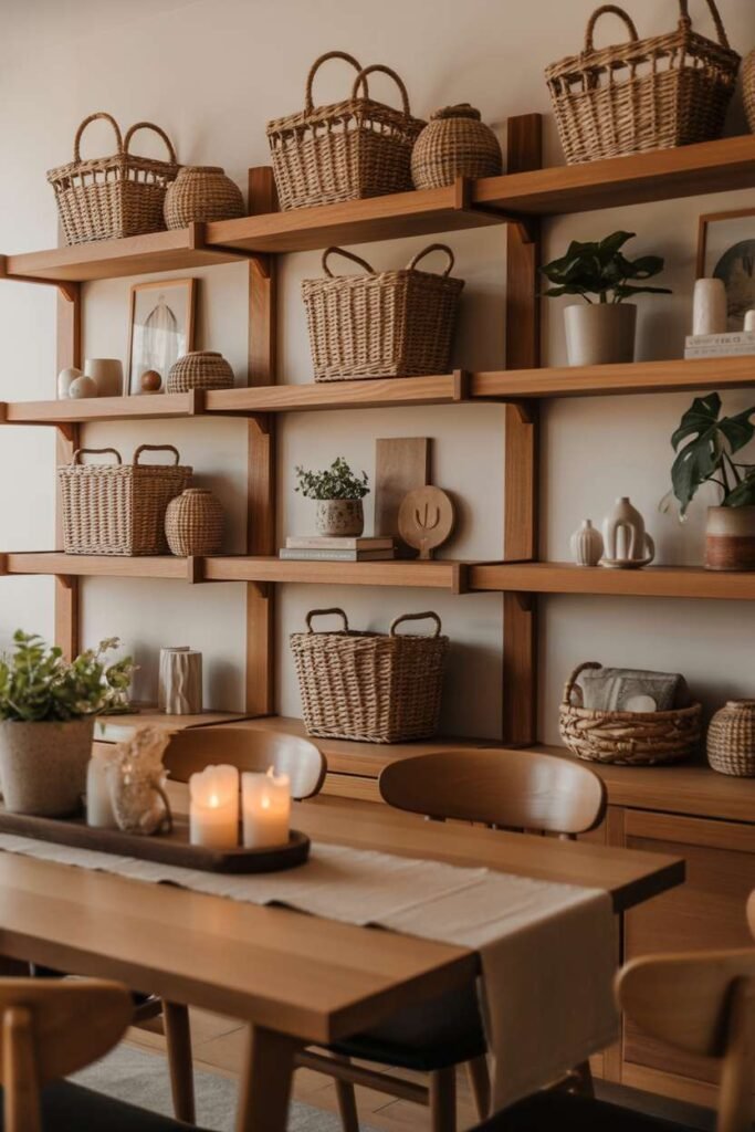 Dining Shelves with Woven Basket Decor