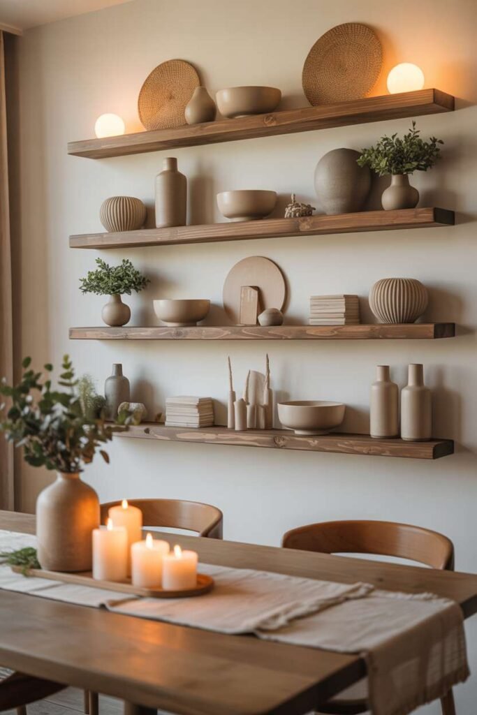 Warm Wood and Neutral Shelf Styling