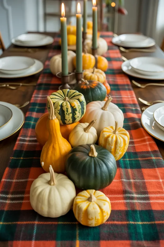 Plaid Flannel Table Runner with Stacked Gourd Display