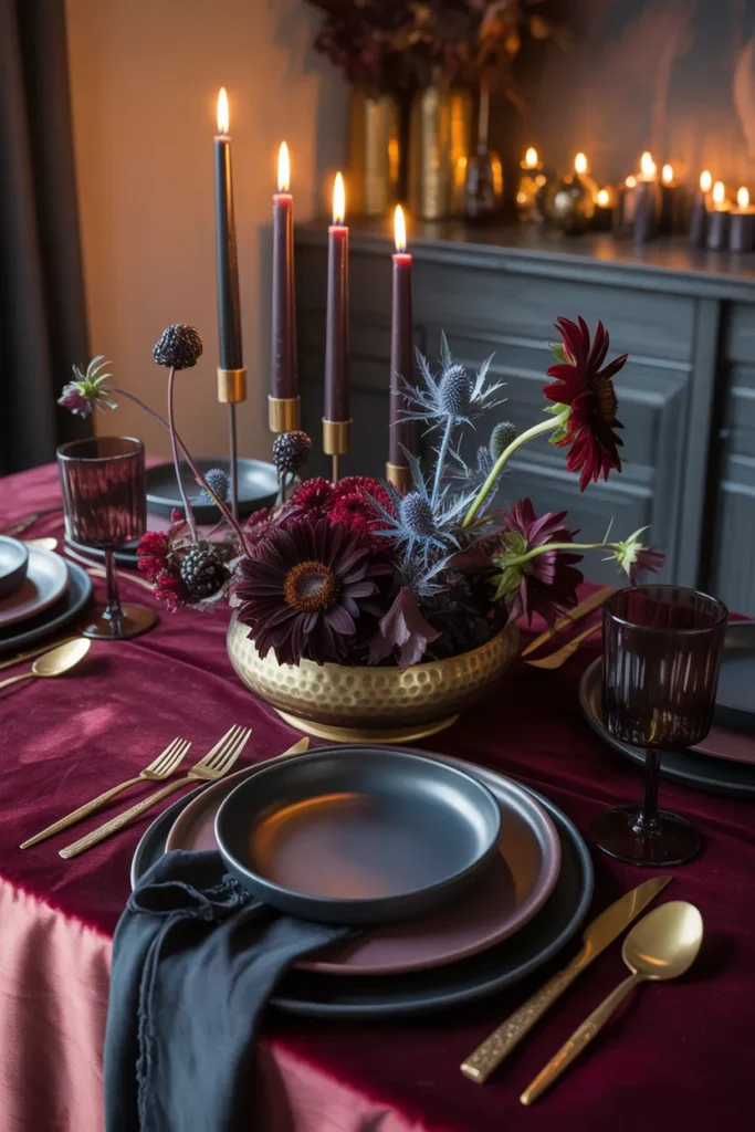 Moody Candlelit Fall Tablescape with Dark Florals