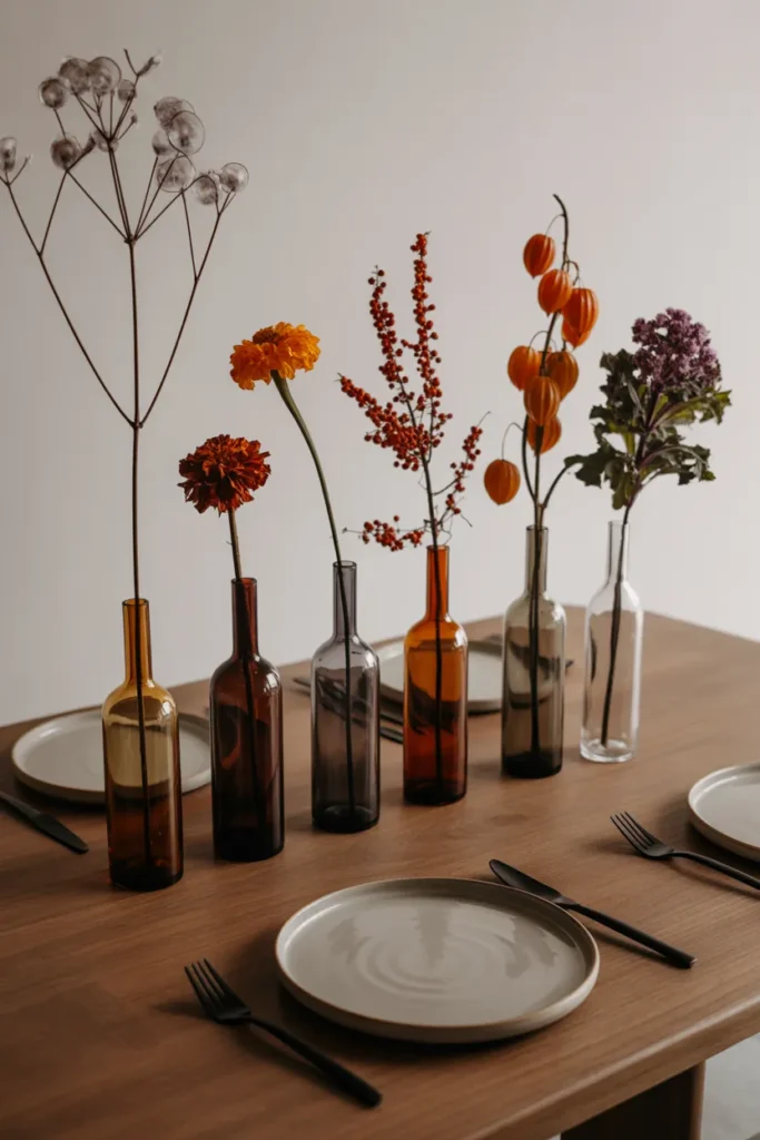 Minimalist Fall Table with Single-Stem Vases