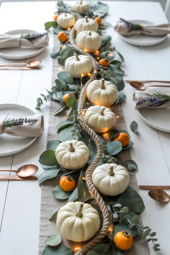 Mini White Pumpkin Garland with Eucalyptus & Twinkle Lights
