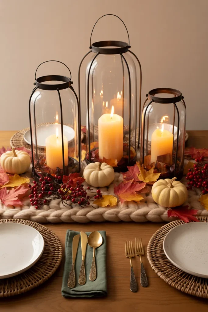 Candlelit Lantern Centerpiece with Fallen Leaves & Berries