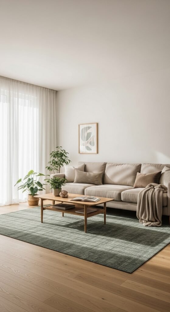 Beige Sofa with a Soft Green Area Rug