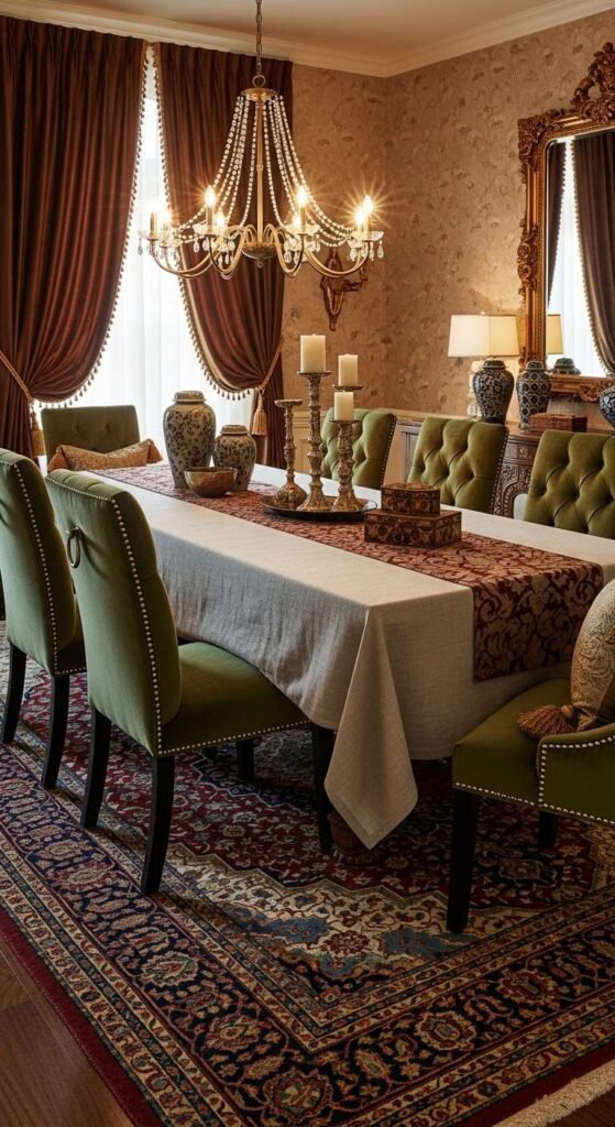 Traditional Dining Room with Layered Textiles