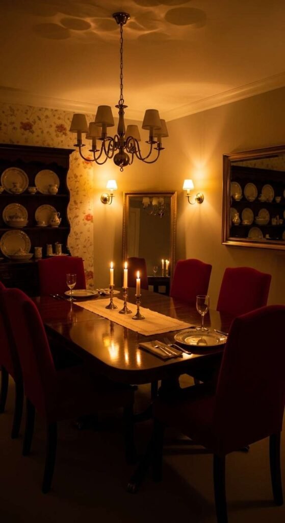 Traditional Dining Room with Warm Lighting Ambience