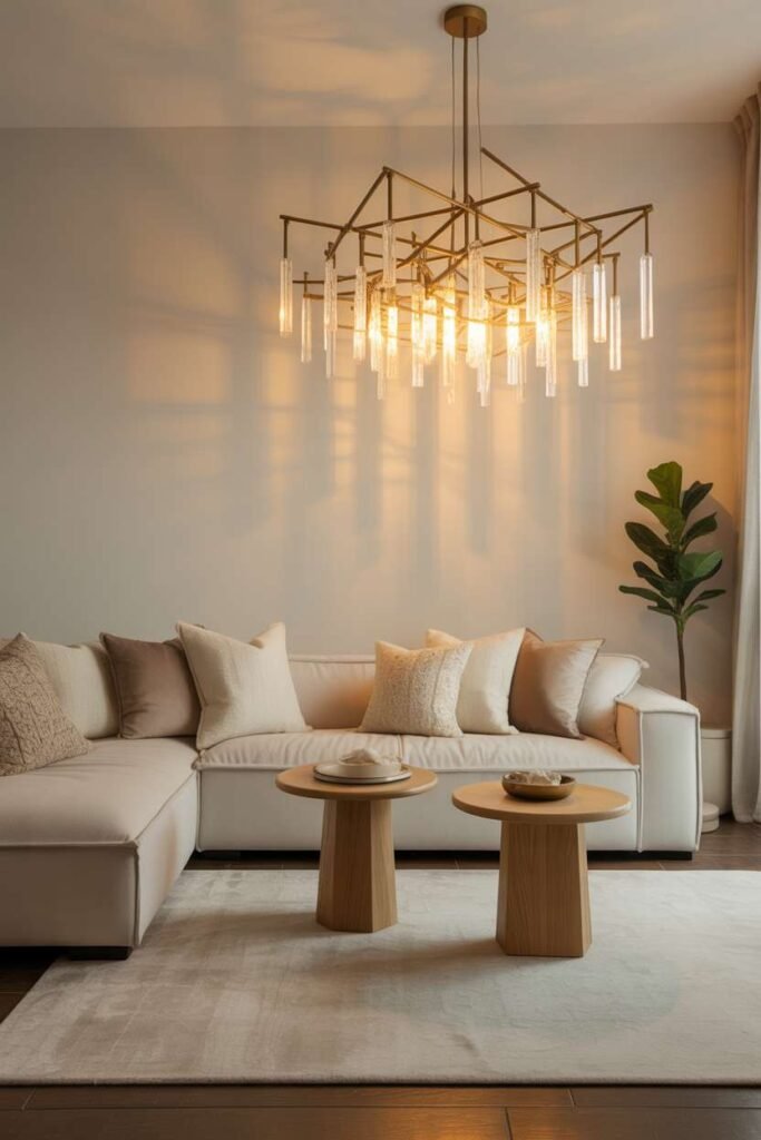 Beige Sofa with Statement Lighting Feature