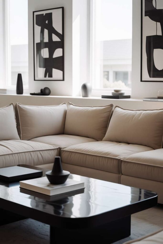 Beige Sofa with Black & White Modern Contrast