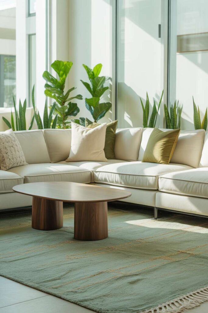  Beige Sofa with Green Area Rug Contrast