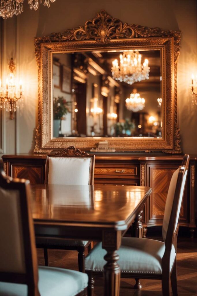 Traditional Dining Room with Decorative Mirror Accent