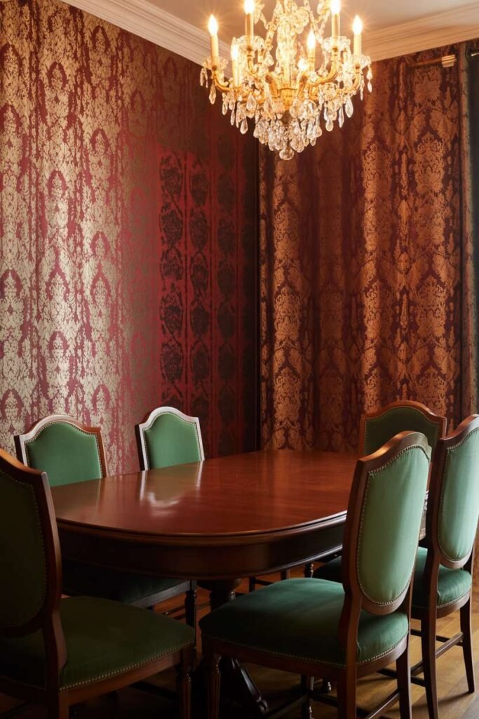Traditional Dining Room with Heavy Patterned Wallpaper