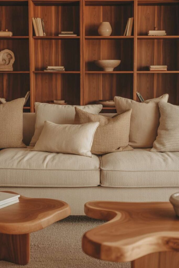 Beige Sofa with Natural Wood Warmth