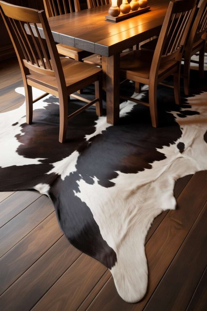 Cowhide Rug Under Dining Table