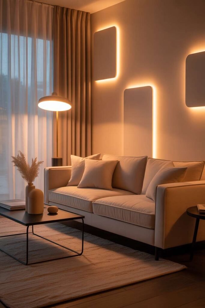 Beige Sofa with Soft Lighting Ambience