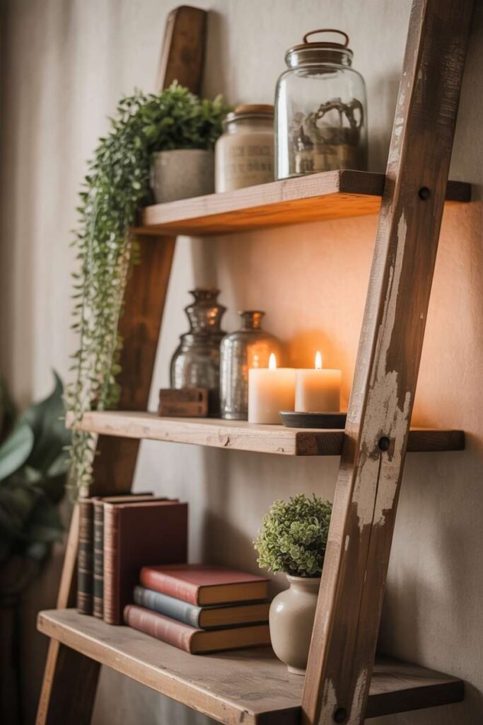  Vintage Rustic Wall Shelf Ladder Display