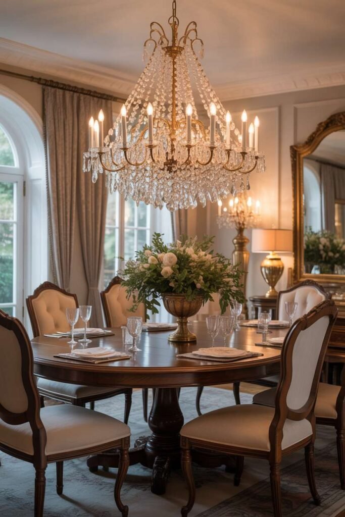 Traditional Dining Room with Statement Chandelier Lighting