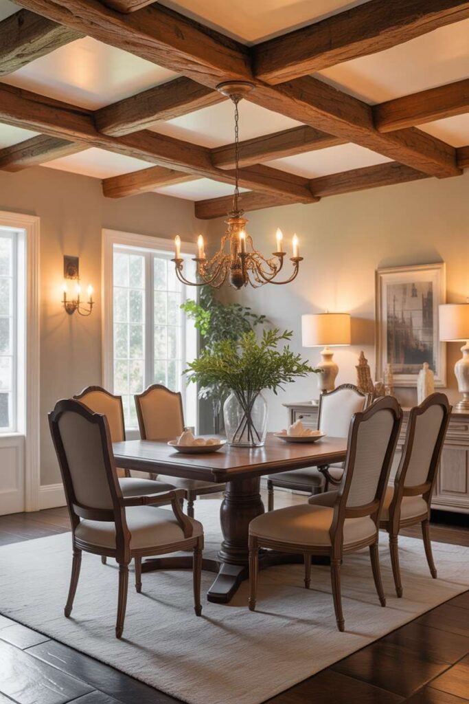 Traditional Dining Room with Wooden Ceiling Beams