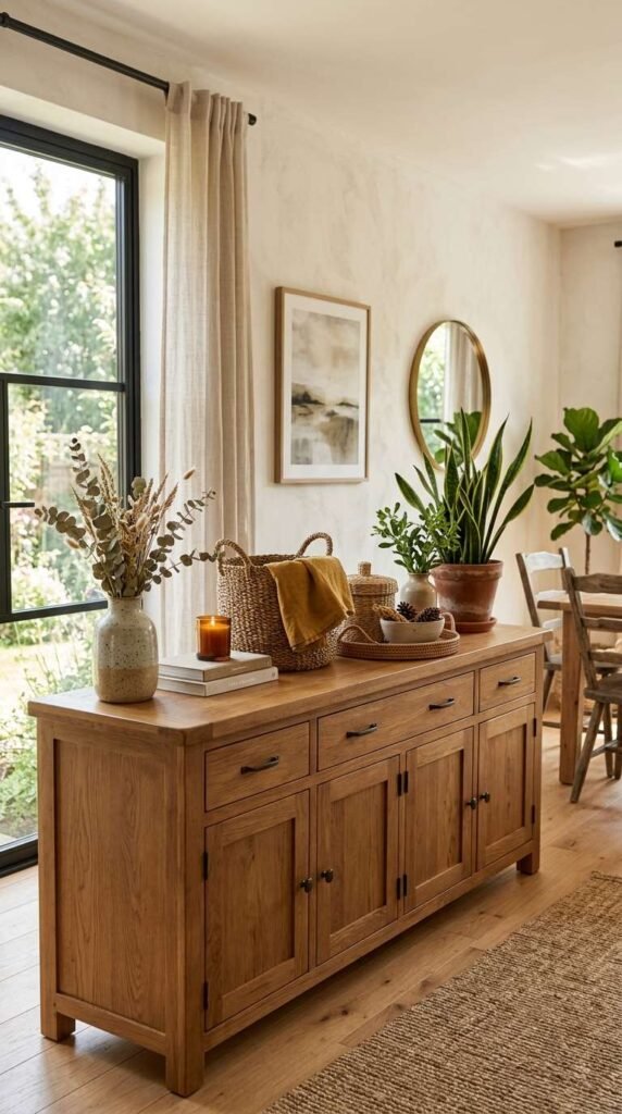 Natural Wood Buffet with Organic Decor