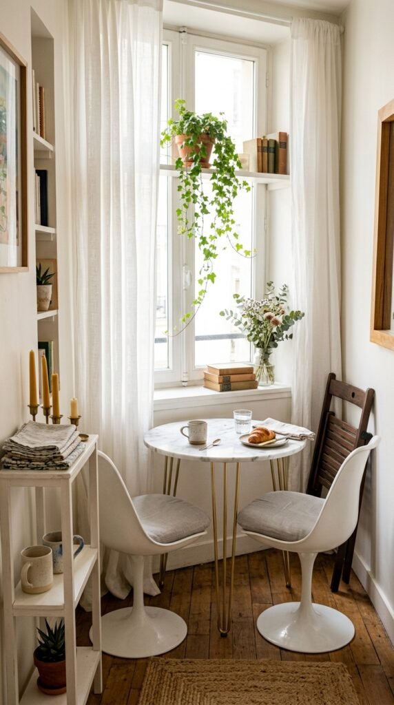 A Round Table for the Coziest Small Apartment Dining Room Feel

 A tiny but perfectly styled apartment dining nook with a small r