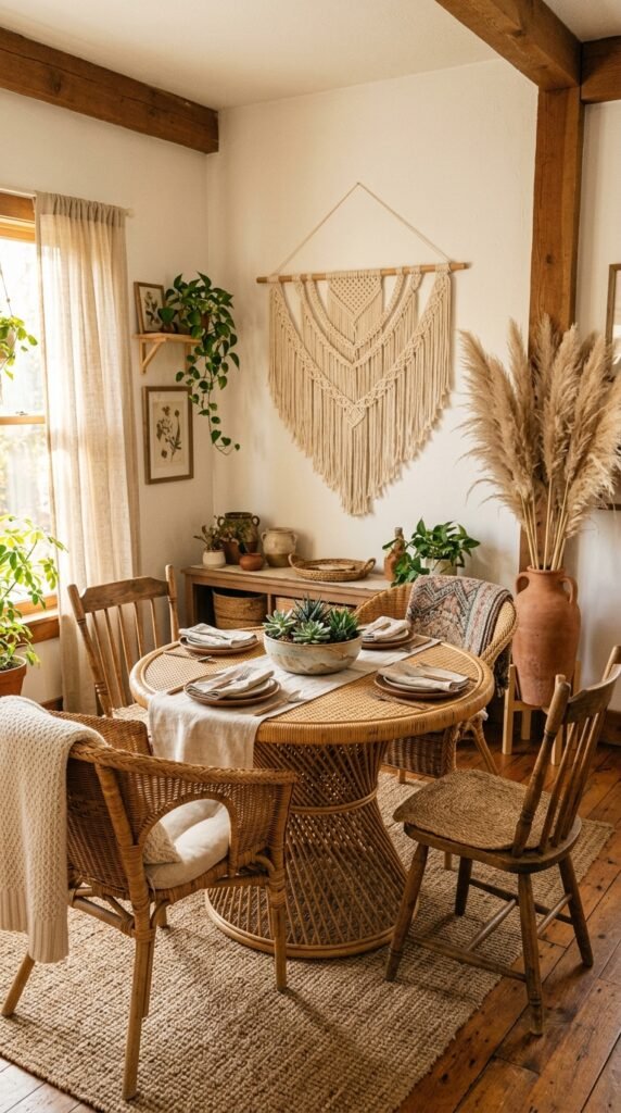  Boho Dining Room Decor With Macramé, Rattan, and Natural Textures