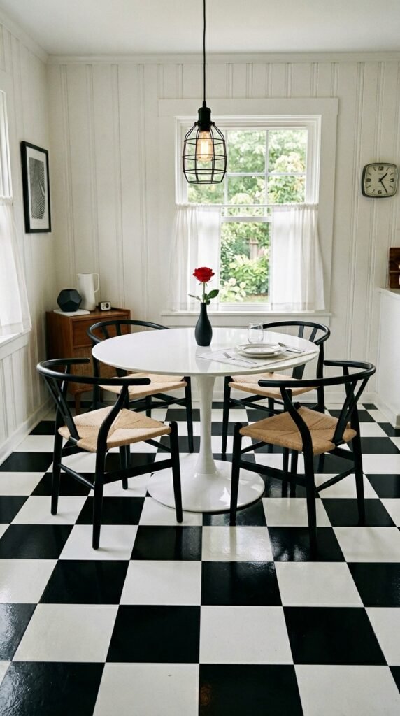 Eye Catching Black and White Checkered Floor Dining Room