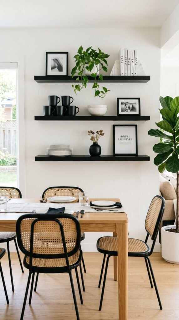 Stylish Open Shelving Dining Room Display Ideas in Black and White