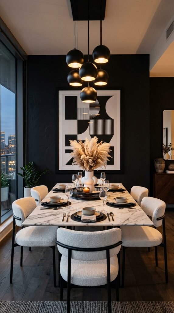Bold Monochromatic Dining Room With a Graphic Statement Wall