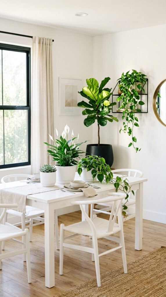 Beautiful Black and White Dining Room Plants and Greenery Ideas
