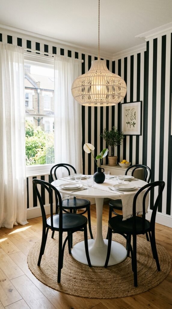 Chic Striped Dining Room Vibes With Wallpaper and Textiles