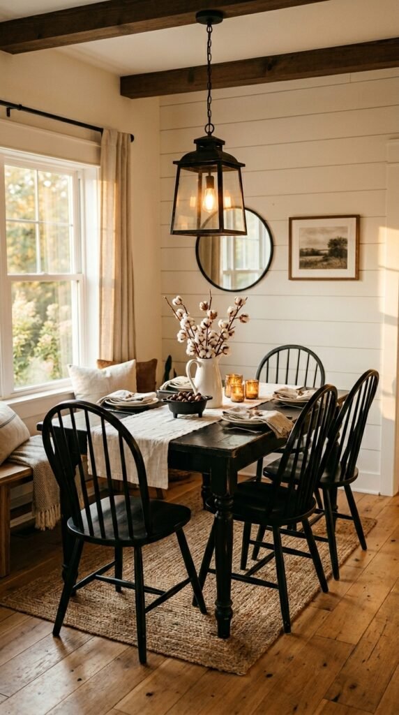 Modern Farmhouse Black and White Kitchen Dining Area With Shiplap Details