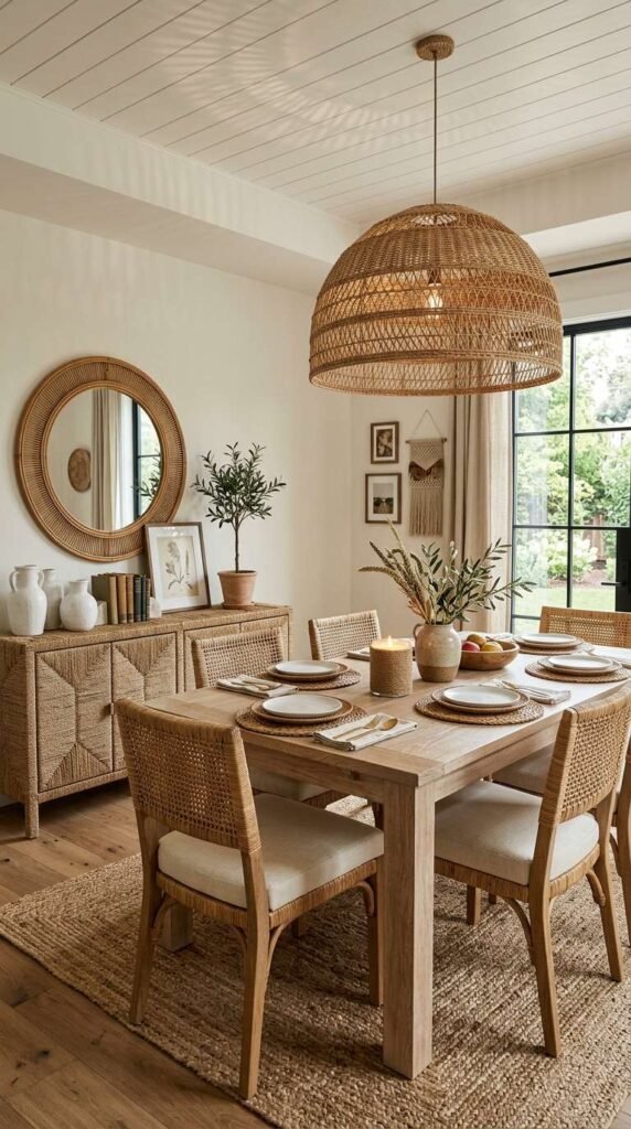 Modern Farmhouse Dining with Woven & Rattan Pieces