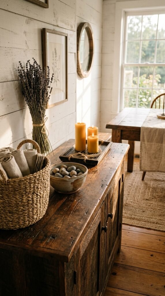 Baskets, Bowls, and Rustic Buffet Decor with Natural Texture