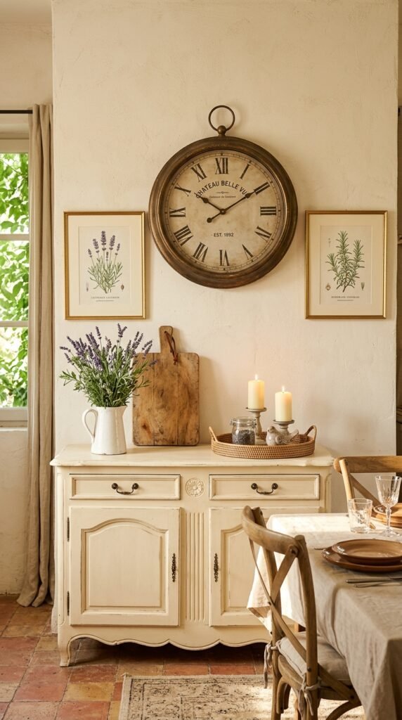Clocks, Frames, and Wall Decor Above the Dining Room Buffet