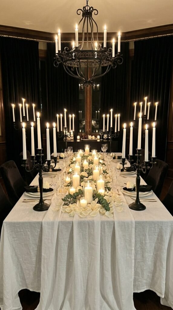 Dreamy Black and White Dining Room Decor for a Romantic Dinner Party Setting