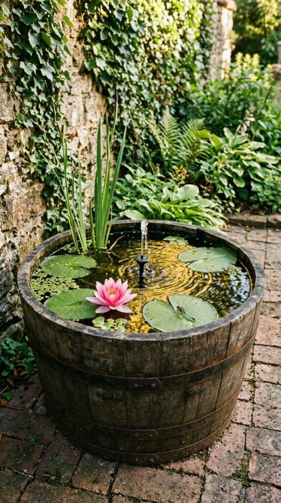 A Wooden Barrel Water Feature for Soothing Garden Ambiance