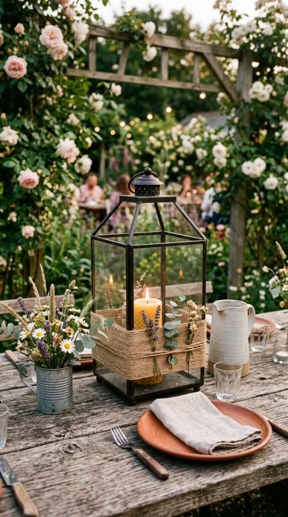 A Twine-Wrapped Lantern as a Simple and Stunning Garden Centrepiece