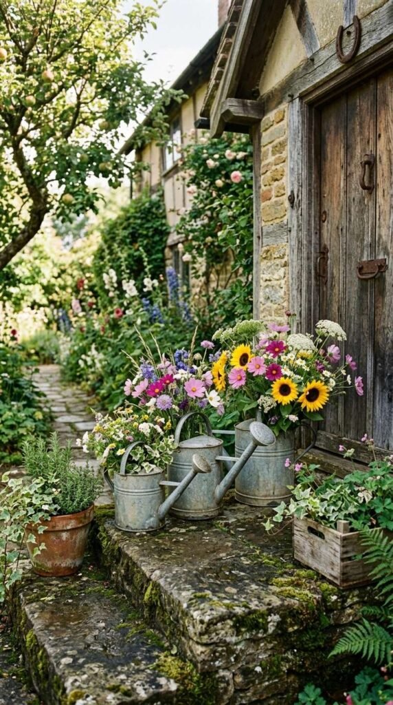 Galvanized Metal Watering Cans as Vintage Flower Vases