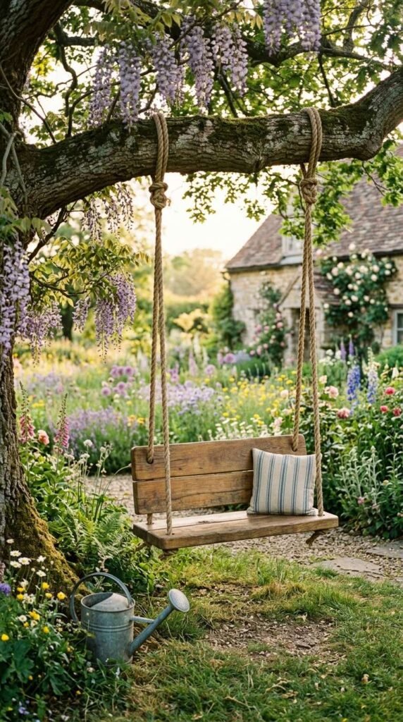 A Rope and Wood Swing Bench for Timeless Garden Charm