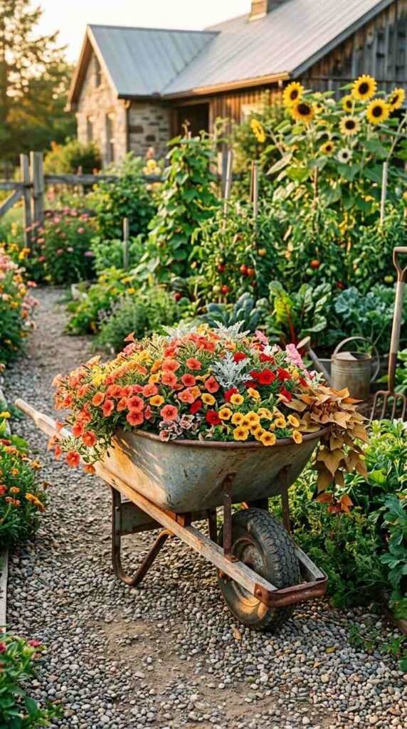 A Wheelbarrow Flower Display — a Classic Rustic Garden Decor Favourite