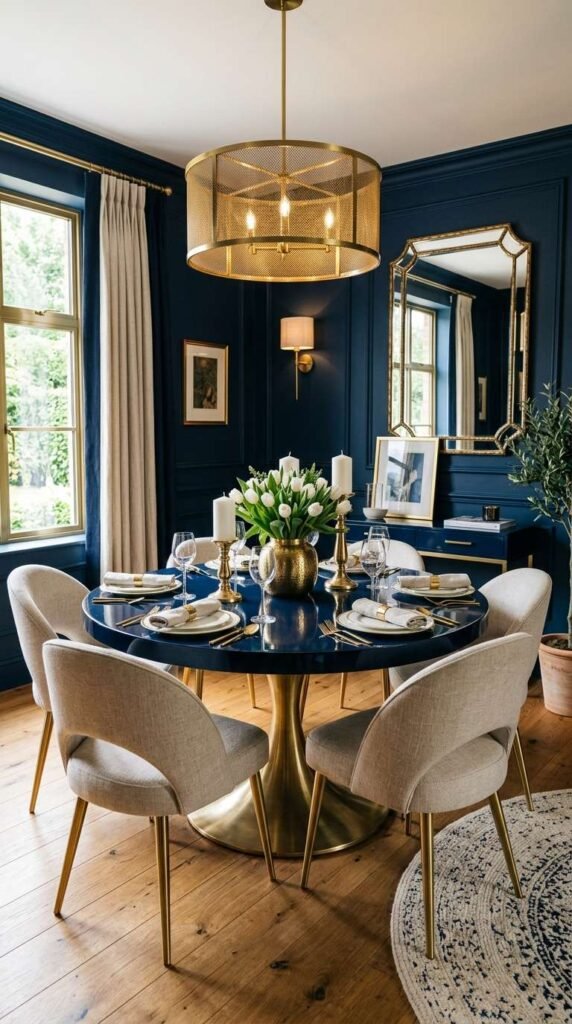 Sophisticated Navy Blue and Brass Dining Room