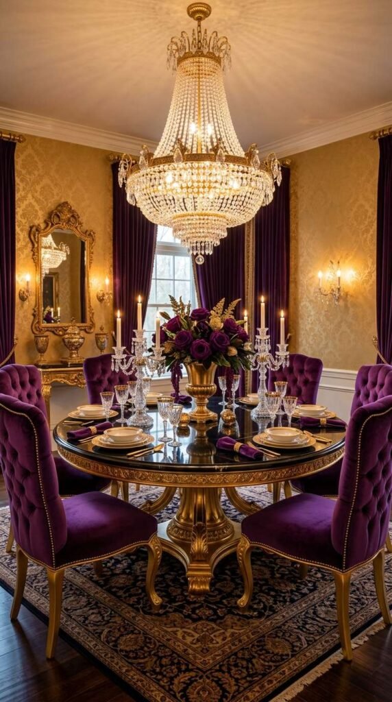 Glamorous Jewel Toned Velvet and Crystal Dining Room