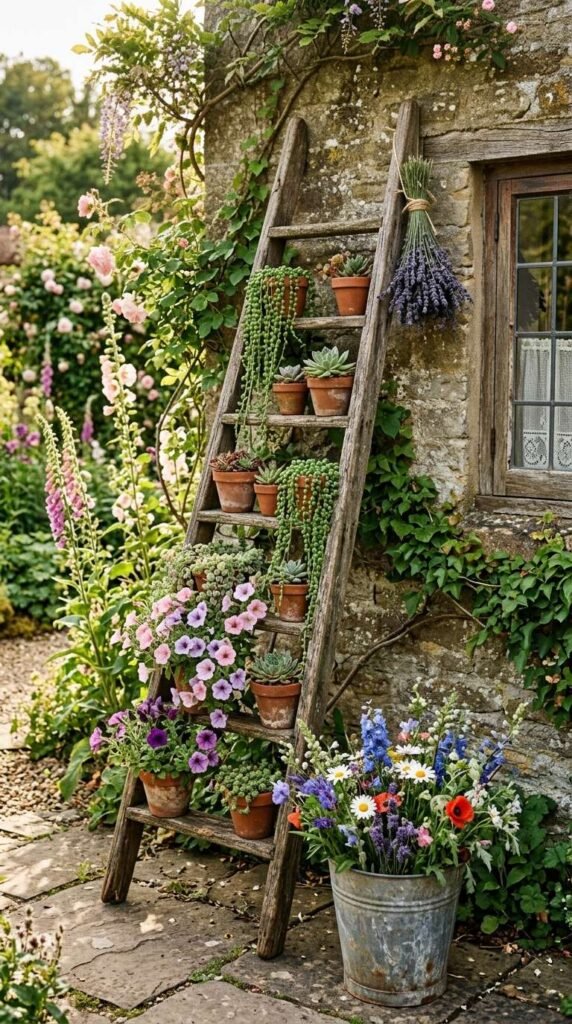 A Vintage Wooden Ladder Plant Display That Steals the Show