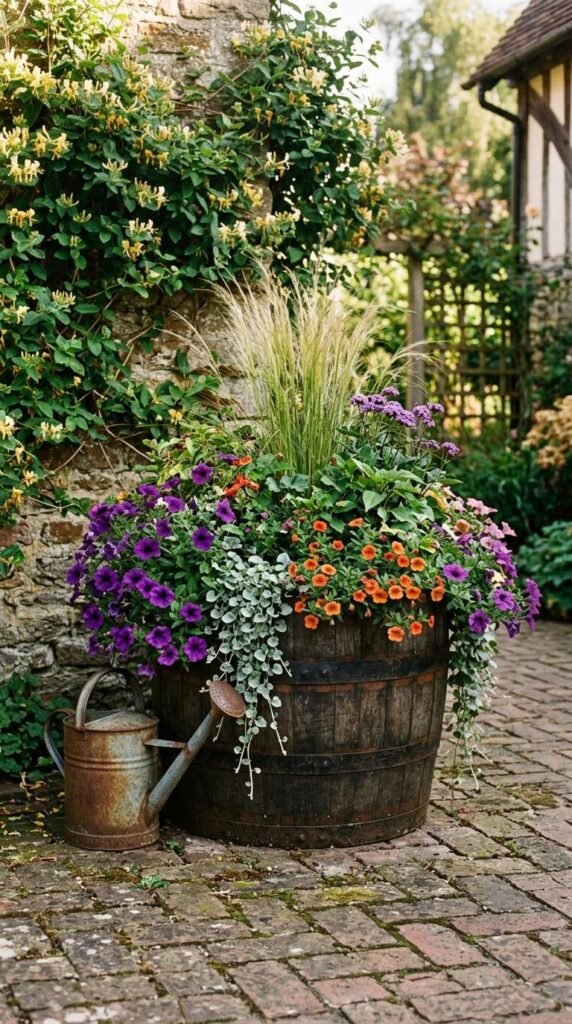  An Old Barrel Planter as a Bold Farmhouse Garden Statement