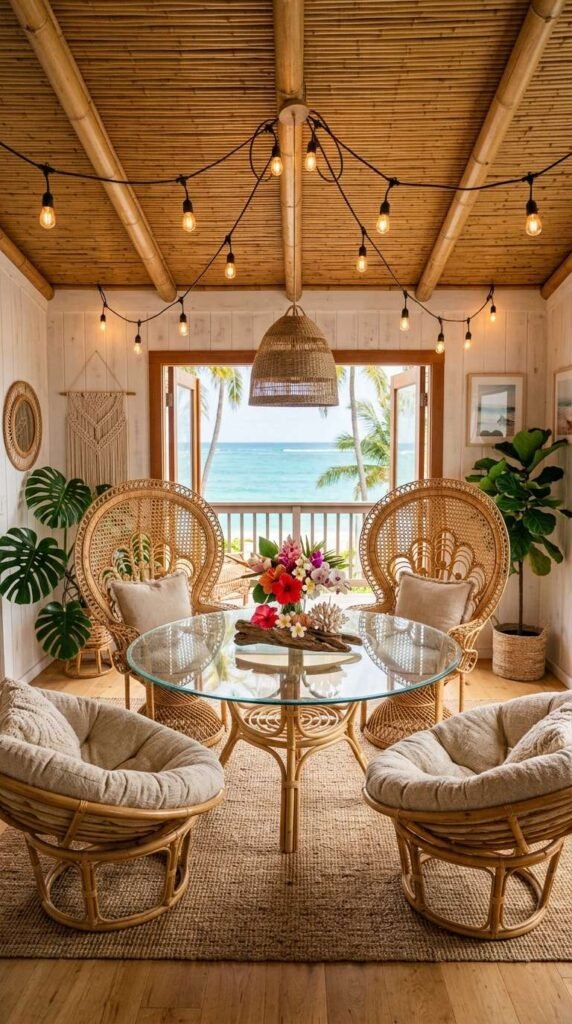 Rattan and Wicker Natural Coastal Boho Dining Room