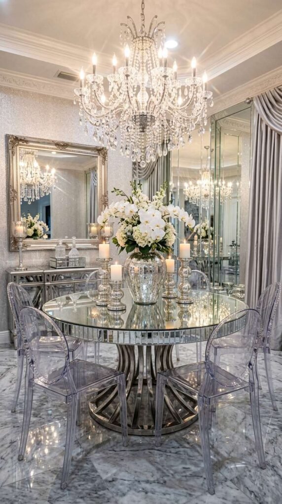 Glamorous Mirrored and Metallic Dining Room