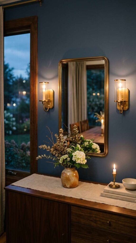 Mirror Flanked by Sconces