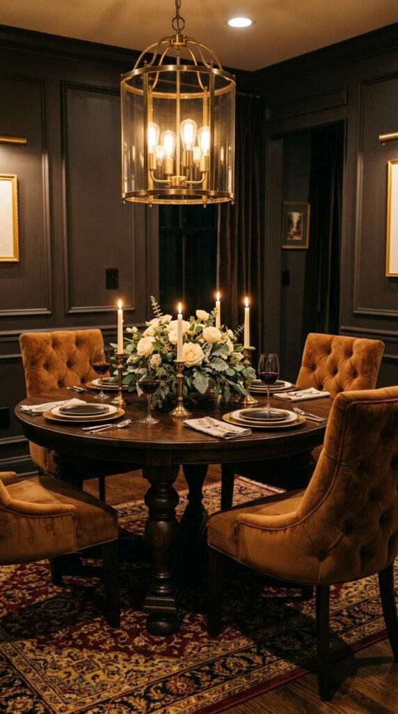 Luxurious Velvet and Dark Wood Intimate Dining Room