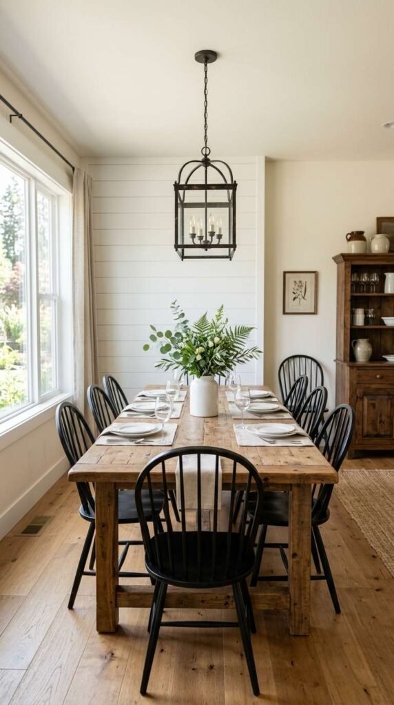 White Shiplap Accent Walls in Dining Room