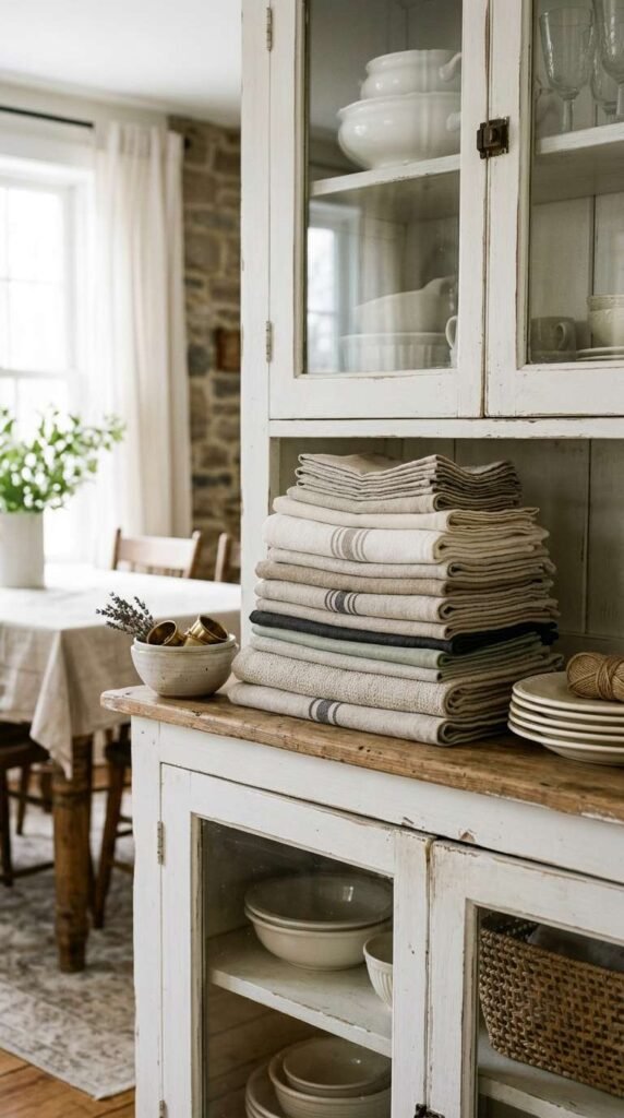 Layered Linens Inside the Hutch
